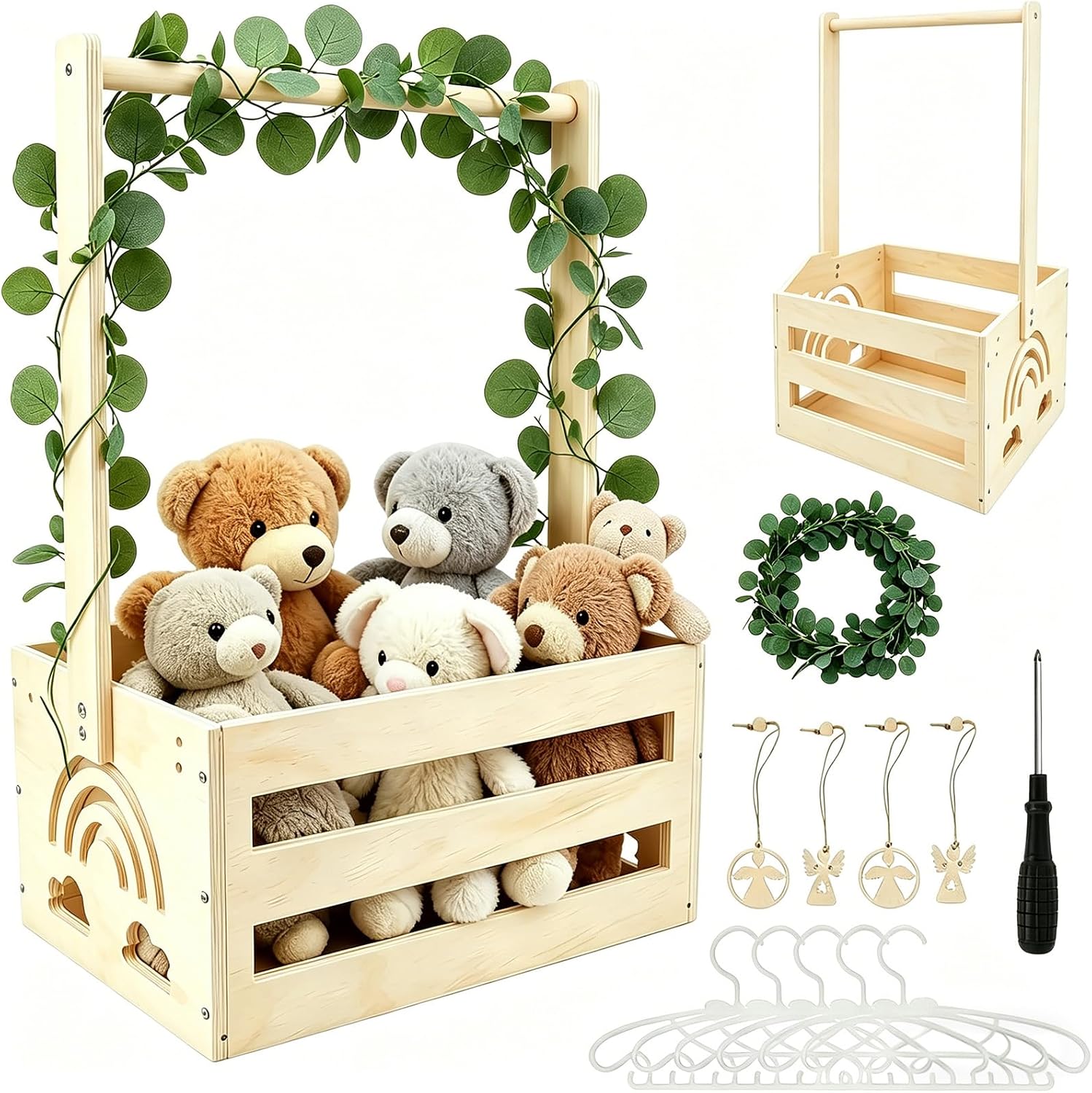 Cesta de Madera para Bebé con Asa, Regalo para Baby Shower Recién Nacido Niño Niña, Práctico Armario para Bebé, Cesta Personalizada con Perchas, Hojas Decorativas y Colgantes de Madera
