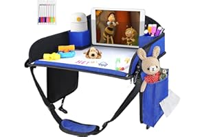 INFANZIA Kids Travel Tray for Car - Car Seat Tray with Markers for Kids Travel, Road Trip Essentials - Carseat Table for Roadtrip Activities - Must Have Toddler Lap Desk Organizer for Airplane, Blue