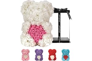 KÜNSTLICHE BLUMEN Handgemachter Rosenblumenbär - Künstliche Dekoration Geschenke für Frauen, Mama und Mädchen - Teddybär Mit Rose (Weiß)