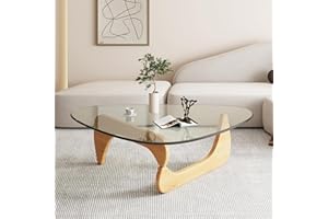 PRITIY Stolik kawowy, szklany stolik kawowy, nowoczesny stolik do kanapy, trójkąt, stolik kawowy (oryginalne drewno + przezroczysty, 91 x 65 x 40 cm)