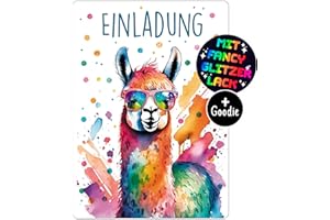 CALLUNA PRODUKTE MIT HERZ CALLUNA® Llama Glitter Invitation Cards for Children's/Teenagers’ Birthdays, Girls and Boys, Pack of 12, Funny Alpaca, with Colourful Glitter Varnish (without Envelopes)