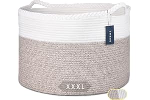 COMSE Extra Large Blanket Basket, Woven Laundry Basket, 55 x 35 CM, Nursery Hamper, Cotton Rope Laundry Hamper Living Room for Storage Toys Clothes Towels, White/Light Brown