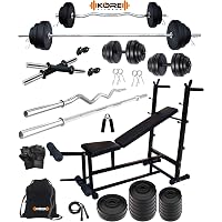 Kore PVC 40 Kg Home Gym Set with One 3 Ft Curl + One 5 Ft Plain Rod and One Pair Dumbbell Rods Comes with 6 in 1 Bench and Gym Accessories