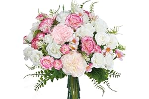 Luabue Kunstblumenstrauß Pink aus Nelken und Weiße Rosen Künstliche Blumen Deko Blumenstrauß Künstlich Wie Echt Seidenblumen für Hochzeit Valentinstag Muttertag