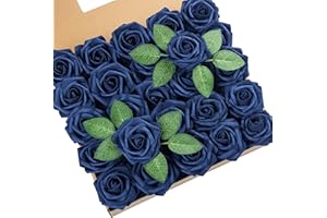 DuHouse 25Pcs Artificial Roses Flowers Fake Rose with Stems Real Touch Foam Flower Head for DIY Wedding Bridal Bouquet Baby Shower Centerpiece Floral Arrangement Party Home Decor(Navy Blue)