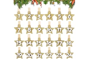 BETESSIN Adventskalender Zahlen Holz Gold Glitzer - 24 Sternfömige Klammern mit Zahlen 1-24 - Holzklarmmern für Adventskalender zum selber Basteln - Holzzahlen für Weihnachtskalender, Weihnachtsdeko