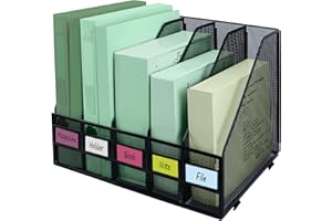 IOUGDSEC Metal A4 File Holder Folding Bookshelf, 5 Vertical Compartments magazine file holder, Desk Organizer Document Folder for Office School and Home, Black