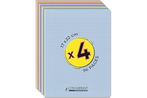 CONQUERANT Conquérant, Lot de 4 Cahiers Classique Pastel 17x22 96 Pages Grands Carreaux Seyès Agrafées, Couverture Polypro, Pastel Vert, Lilas, Abricot, Bleu