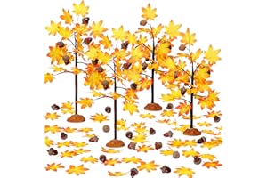 Xinnun Thanksgiving Town Village Set 4 Piecesartificial Fall Village Autumn Maple Tree with 10 Acorn and 50 Maple Leaves Plastic Tree Model Miniature Figurine Landscape Plant Pot for Party Decor