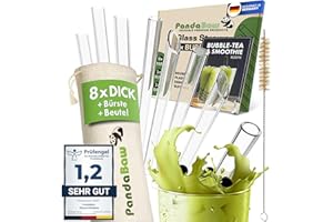 PandaBaw® 8x Bubble Tea Strohhalme Glas [NOTE "SEHR GUT"] - 21.5cm Glas Strohhalm Bubble Tea - Dicke Boba Straw Glasstrohhalme Wiederverwendbar - BPA freie Glashalme mit Beutel Bürste & Rezepte