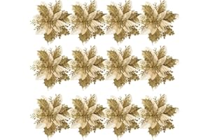 TOYANDONA 12Pcs di Natale di Scintillio Poinsettia Fiori Artificiale Poinsettia Fiori di Natale Oro Albero di Natale Ornamenti con Steli E Clip per La di Natale Decorazioni di Nozze