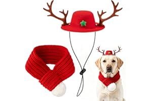 GwaOery Dog Christmas Costumes, Pet Reindeer Hat and Scarf Christmas Outfit Small Dogs Cats Clothes Puppy New Year Party Supplies Adjustable Headdress Apparel for Winter Warm Holiday (Red L)