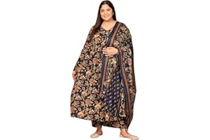 MEERA FAB Damen Baumwollmischung V-Ausschnitt Plus Size Anarkali Printed Kurta mit Palazzo & Dupatta