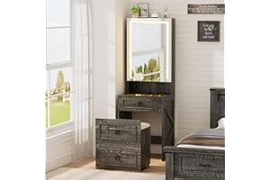 Gurexl Small Dressing Table with Mirror and Lights, Rustic Brown Compact Makeup Vanity Set with Wheels & Charging Station,Modern Glass Top Dressing Table with Jewelry Cabinet & Hidden Storage Stool