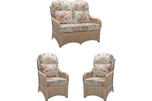 DESSER & CO LTD THE HOME OF RATTAN FURNITURE SINCE 1919 Desser Chelsea Conservatory Furniture Set – 2 Seater Sofa & 2X Armchairs – Luxury Indoor Rattan Real Cane Wicker Chair & Settee Suite with UK Manufactured Cushions – Premium Blossom Fabric