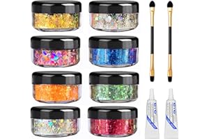 YITLA 8 Colors Body Glitter Face Glitter Festival Glitter with Glue,Chunky Cosmetic Glitter for Face Body and Hair (Includes Long Lasting Glue and Brush) Festival and Party Beauty Makeup