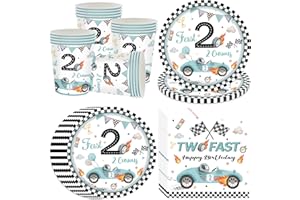 Bikasun Racing Car 2nd Birthday Party Supplies Set, Two Fast Race Car Tableware Set for 16 Guests, Race Car Party Paper Plates, Kids Boys Birthday Decorations Dessert Plates Cups Napkins