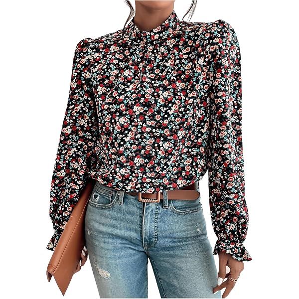 SweatyRocks Damen Bluse Langarm Mit Blümchenmuster – Chiffon, Stehkragen, Elegant Für Büro & Freizeit