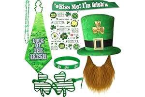 BITOWO St Patricks Day Hat and Beard Glasses Tattoo Necklace Sticker for Men Women Leprechaun Hat Ireland Green Irish Top Hat Fancy Dress Costume Accessories Gifts Shamrock Glasses for Paddys Day Accessories