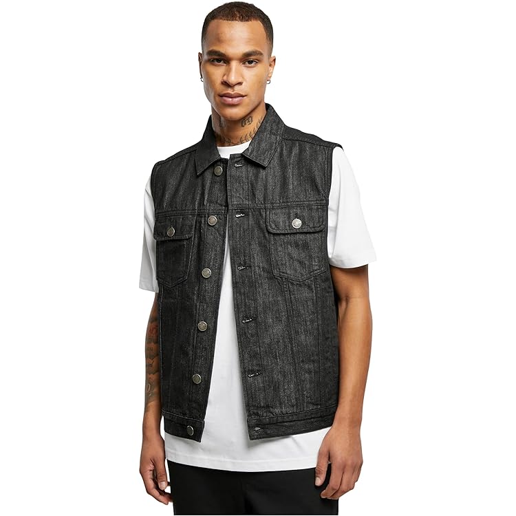 Momooda Heren katoenen geript denim vest, slim fit, casual noodlijdende mouwloze jas gilet, Lichtblauw, XS