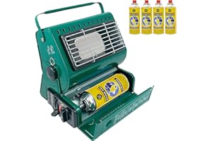 BARGAINS-GALORE Portable Gas Heater + 4 Butane Gas Bottles Canisters - For Outdoor Camping, Hiking, Fishing, Caravan & Skiing Trips - Emergency, Safety Grill, Auto Ignition, Carry Handle & Temp Control