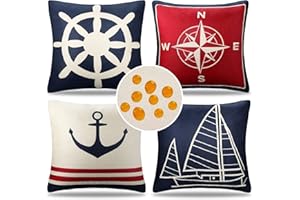 CHEEKYWARES Fundas de Cojín Impermeables Lino 50x50 Funda Almohada Cuadradas Velero Ancla Brújula Timón Moderno Decoración de Patio Aire Libre Muebles de Jardín Cama Restaurante Sofá 4 Unidades,Azul Marino y Rojo