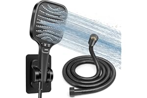 HNOOM Kit Doccia Completo, Soffione Doccia Quadrato 120mm Alta Pressione + Tubo 1.5M + Supporto Senza Fori, 8 Modalità, Anticalcare, Universale per Doccia Bagno（Nero）