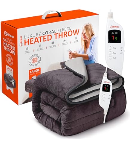 Purus Grey Deluxe Electric Heated Throw 160x120cm, Soft Fleece, 9 Heat & 12HR Timer Settings