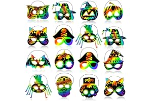 GOMANCHE 36 Pieces Halloween Mask Crafts for Kids, DIY Rainbow Magic Scratch Paper Art, Bat Witch Pumpkin Spider Pirate Skull Scratch Mask for Halloween Party Supplies