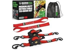 Rhino USA Retractable Ratchet Straps (2-Pack) - 2.5cm x 3m (540kg Break Strength) - Medium Duty Auto Self-Retracting Tie Down Straps for Truck, Cargo Trailer, Motorcycle, Bike & More - Red