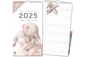 SCHÖNE GÜTER Kalendarz rodzinny na 2025 rok, 5 kolumn, ilustracje, planer rodzinny 2025 i październik - grudzień 2024, kalendarz ścienny 24 x 43 cm, planer dla rodziny 2025, planer ścienny, naklejki, recykling,