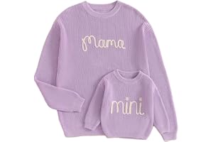 LSFYSZD Mommy and Me Familien-Outfits, langärmelig, Rundhalsausschnitt, Strickpullover, Mama&Mini-Stickerei, Pullover, Tops für Damen und Mädchen