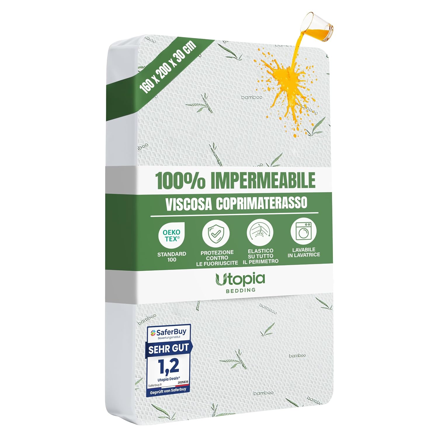 Coprimaterasso Viscosa Impermeabile 160 x 200 x 30 cm Traspirante