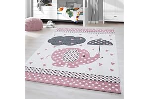 HomebyHome Tappeto per Bambini Tappeto Cameretta Bambino Disegno Elefante Rosa 80x150 cm - Tappeto Pelo Corto Tappeto Camera Ragazzo - Tappeto Camera dei Bambini Sala Giochi Tappeto Cameretta Bambina