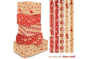 CHEPULA Papier Cadeau Noël 5 Rouleau, 43cm x 300cm Papier Emballage Cadeau Noel, Vintage Papier Noel Demballage, Recyclable Kraft Papiers Cadeaux, Rouge & Marron