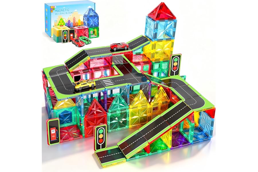 Perbabe 72 Pieces Magnetic Building Blocks Toys for Children, Stronger Buildings for Children with Road and Car Toppers Magnetic Cards for Christmas, Birthday, Child Gift 3 4 5 6 7 8 Years