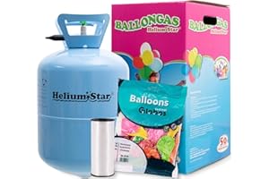 HELIUM STAR Helium Ballongas für bis zu 50 Ballons + 50 bunte Latexballons (Ø 25cm) + Polyband HeliumStar® Einwegflasche XXL EINWEG