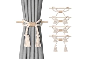 Pretty Jolly 4 Pack Natural Cotton Rope Curtain Tiebacks Boho Rustic Style Decorative Drape Tie Backs Farmhouse Hand-Woven Curtain Holdbacks with Wood Club for Home Office Drapery (Cotton knot-Beige)
