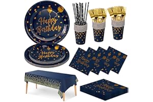 Nkaiso Anniversaire Party Vaisselle, 20 invités Bleumarine Or Kit Vaisselles Anniversaire Assiette Dîner Papier Tasse Serviette Réutilisable Couverts Décorations fête Enfants