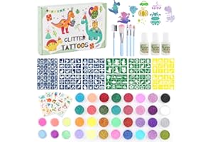 Highttoy Glitter Tattoo Set Children, 38 Colours Dino Luminous Temporary Glitter Tattoos Boys, 164 Stencils, 5 Brushes, 4 Children's Tattoos, 3 Glue Gift for Birthday Party Halloween Christmas