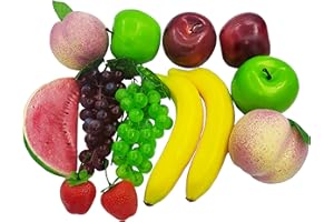 Laiiqi 13 Pcs Artificial Fruits Pack,Simulate Faux Fake Fruit for Home Decoration,Lifelike Mixed Fruit Model Realistic Fake Grape Banana Peach Stawrberries