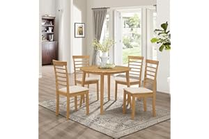 Hallowood Furniture Ledbury Small Dining Table and Chairs Set 4, Round Drop Leaf Table & Padded Seat Chairs, Wooden Folding Table and Chairs in Light Oak, Dining Room Set