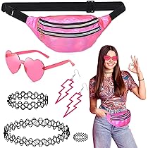 Jokureao 80er Jahre Outfit Set Damen | 11-teiliges Neon Party Set | Mit Herzbrille & Bauchtasche