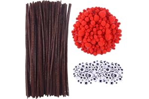 XINCHEN Pfeifenreiniger Set 150 Stück Braune Pfeifenreiniger 150 Rote Pom Poms in Verschiedenen Größen und 150 Wackel Augen mit Selbstklebender Rückseite für Weihnachten Rentieren Basteln DIY