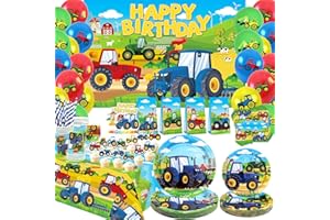 ENCETARDE Tractor Birthday Party Supplies - Farm Tractor Party Decorations, Plates Cups Napkins Tablecloth Backdrop Balloons Cake Toppers for Farm Tractor Decor, Serves 20