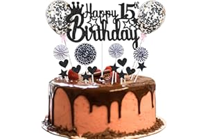 JRZYHI Tortendeko 15 Geburtstag Deko Happy 15th Birthday Tortendeko 15 jahre mädchen junge Kuchendeko 15. Geburtstag mädchen Schwarz Tortendeko junge mädchen Hello 15 Glitter Cake Topper für 15 Geburtstag