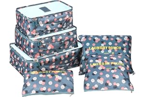 Coolzon Organisateur de Valise et Bagage Organisateur de Sac, Packing Cubes Voyage Pochette Rangement, 6 pcs, Fleurs Bleues