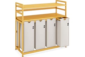 AdelDream Kosz na pranie klasy premium, 200 l, z 4 przegródkami i 2 półkami, bambusowy pojemnik na pranie, z wysuwanym i zdejmowanym workiem na pranie, jasnoszary