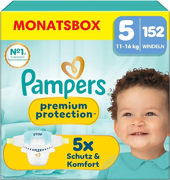 Pampers Premium Protection Größe 5, 152 Windeln, 11kg-16kg, unser Nr. 1 Haut- und Auslaufschutz - 1