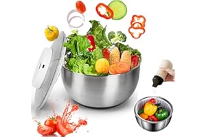 E-GREETSHOPPING Salad Spinner Stainless Steel 4.8L Large Capacity Automatic Salad Spinner Wireless Electric Salad Spinner, USB Rechargeable, Fruit Vegetable Dehydrator for Salad Berries with Squeeze Sauce Bottle